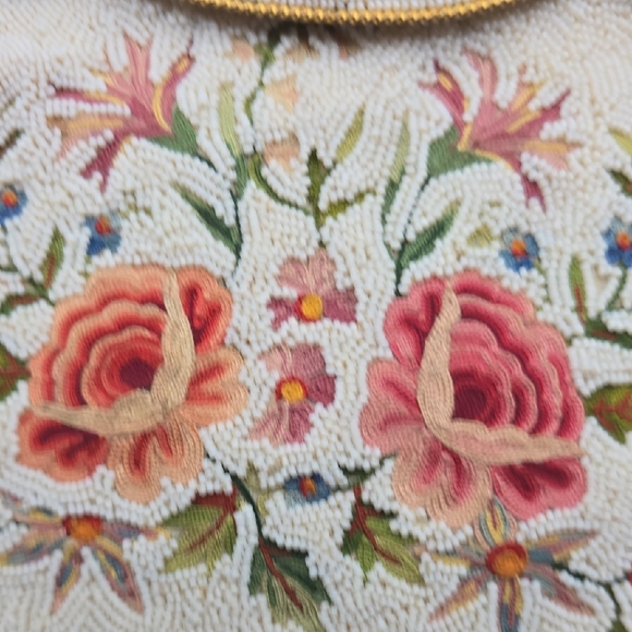 Vintage Ivory Beaded Handbag Embroidered Rose Floral Envelope Clutch French - Picture 4 of 16